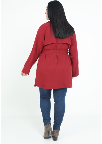 Büyük Beden Mono Yaka Kendinden Kuşaklı Katlamalı Kollu Cepli Rüzgarlıklı Yandan Yırtmaçlı Bordo Ceket modelleri