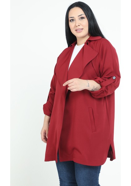 Büyük Beden Mono Yaka Kendinden Kuşaklı Katlamalı Kollu Cepli Rüzgarlıklı Yandan Yırtmaçlı Bordo Ceket fırsatları