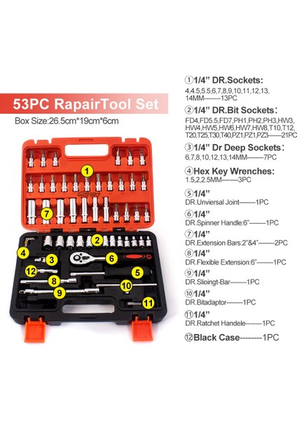 53 Parça Lokma Takımı Otomatik Cırcırlı 1/4 Uzatma Kolu Hex Adaptörlü Çantalı Set 1/4'' Profesyonel