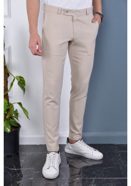 Erkek Krem Renk Italyan Kesim Slimfit Kumaş Pantolon
