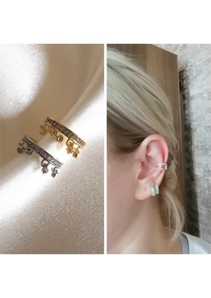 Zirkon Taşlı Charmlı Earcuff Altın Rengi