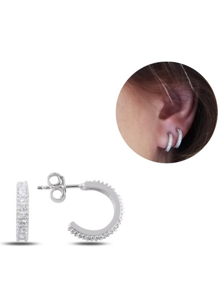 Üç Sıra Zirkon Taşlı Mini Halka Küpe Silver