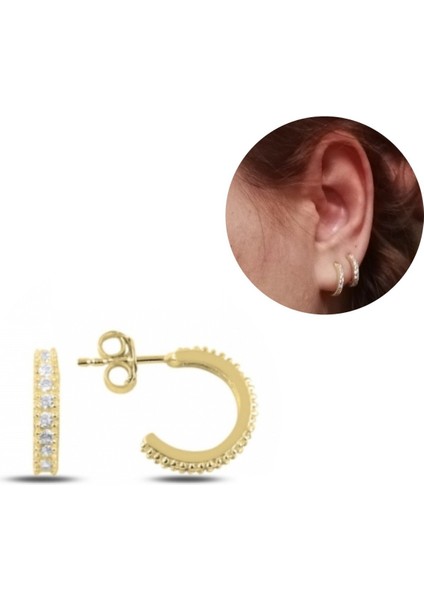 Zirkon Taşlı Mini Halka Küpe Gold
