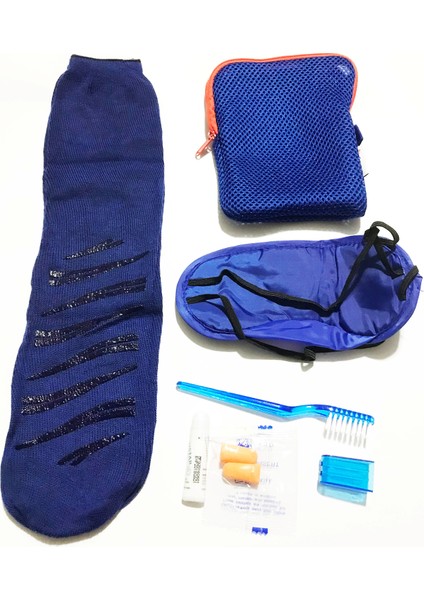 Seyahat Çantası ve Seyahat Seti - Uyku Çorabı Uyku Bandı Diş Fırçası ve Macunu - 5'li