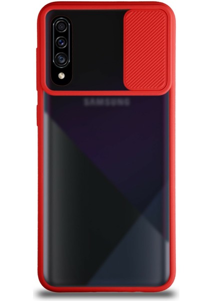 Samsung Galaxy A70 Kapak Lensi Açılır Kapanır Kamera Korumalı Silikon Kılıf - Kırmızı