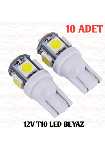 Gürler Oto Aksesuar 10 Adet T10 LED Ampul 12V 5W Park LED Plaka LED Tavan LED Beyaz Renk 5 Ledli