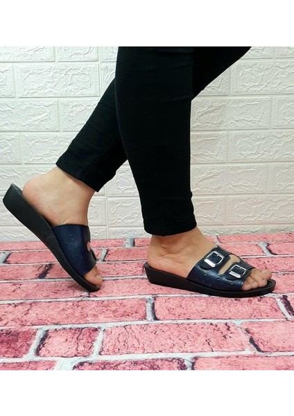 00084 Samyeli Lacivert Renk Çift Tokalı Kadın Günlük Terlik fiyatları