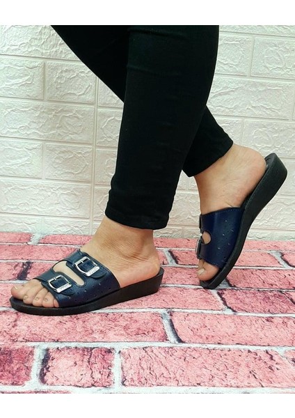 00084 Samyeli Lacivert Renk Çift Tokalı Kadın Günlük Terlik modelleri