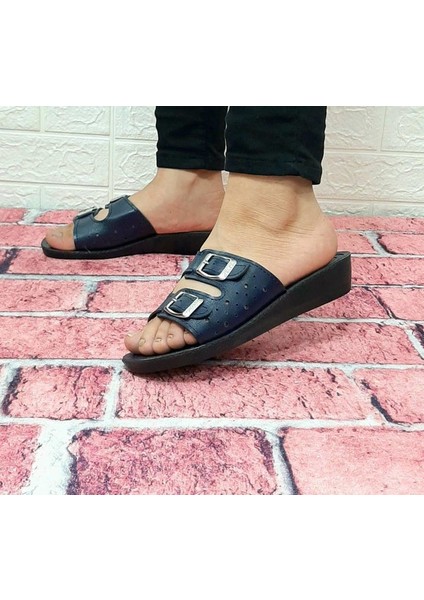 00084 Samyeli Lacivert Renk Çift Tokalı Kadın Günlük Terlik indirimleri