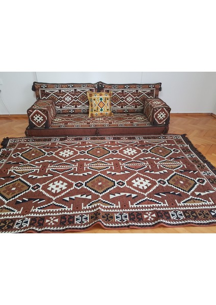 Şark Köşesi Anadolu Desenli Minderi ikili Sedir Takımı Konsept Kahverengi ( 7 Parça )