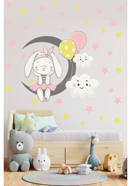 Pembe Sevimli Tavşan ve Ay Çocuk Odası Duvar Sticker