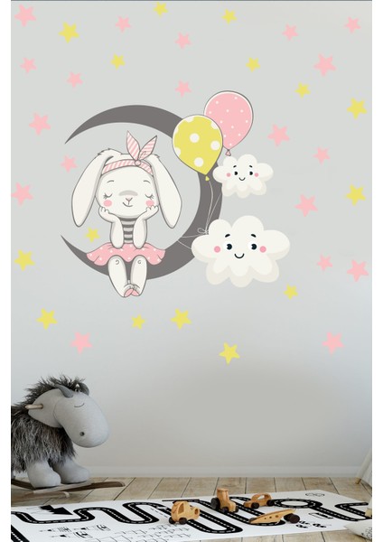Pembe Sevimli Tavşan ve Ay Çocuk Odası Duvar Sticker