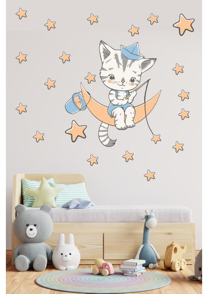 Ayda Yıldız Toplayan Sevimli Kedicik Çocuk Odası Sticker