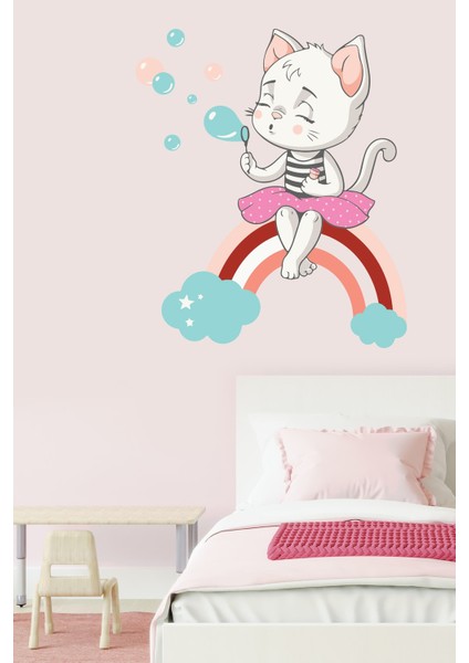 Gökkuşağı ve Sevimli Kedi Baloncuklar Temalı Çocuk Odası Sticker