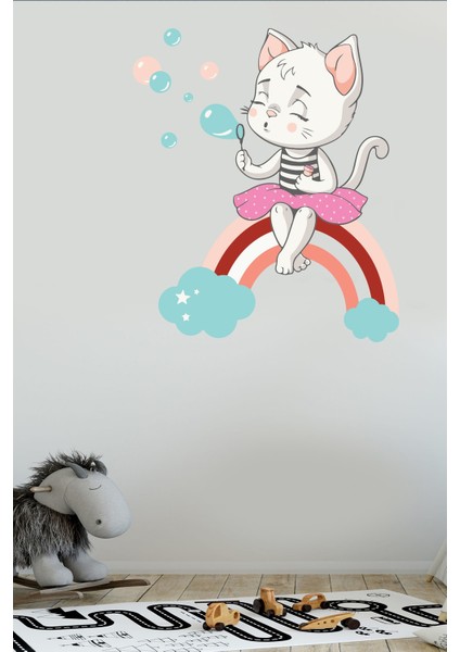 Gökkuşağı ve Sevimli Kedi Baloncuklar Temalı Çocuk Odası Sticker fiyatları