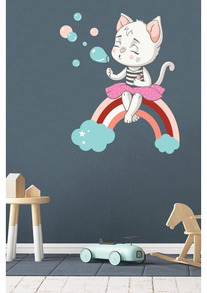 Gökkuşağı ve Sevimli Kedi Baloncuklar Temalı Çocuk Odası Sticker modelleri
