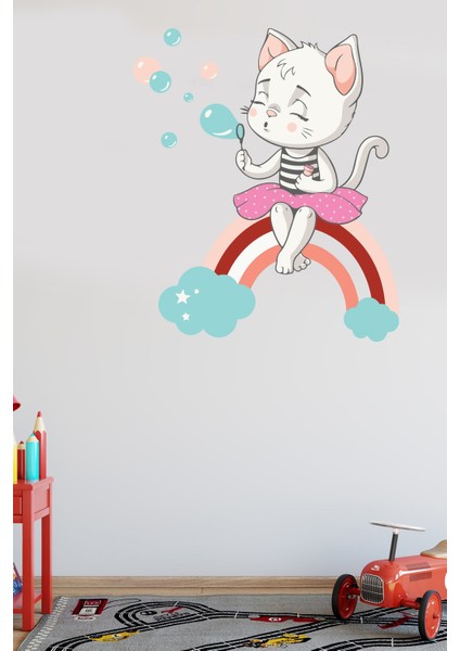 Gökkuşağı ve Sevimli Kedi Baloncuklar Temalı Çocuk Odası Sticker fırsatları