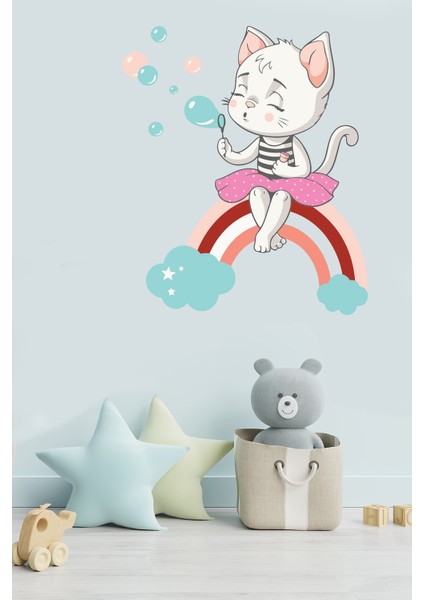 Gökkuşağı ve Sevimli Kedi Baloncuklar Temalı Çocuk Odası Sticker indirimleri