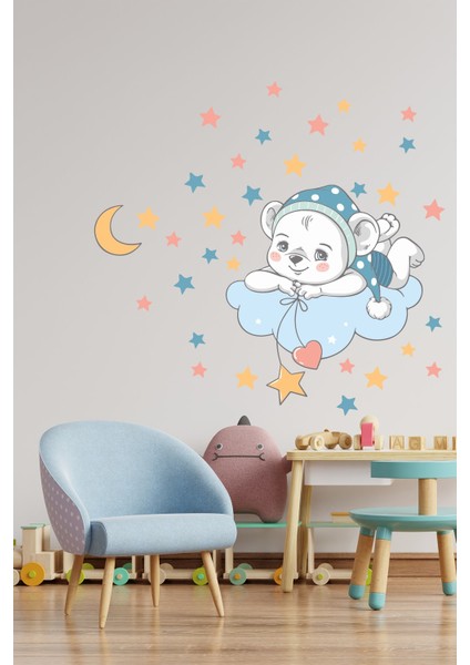 Bulutta Yatan Sevimli Ayıcık ve Yıldızlar Anaokulu Çocuk Odası Sticker Seti
