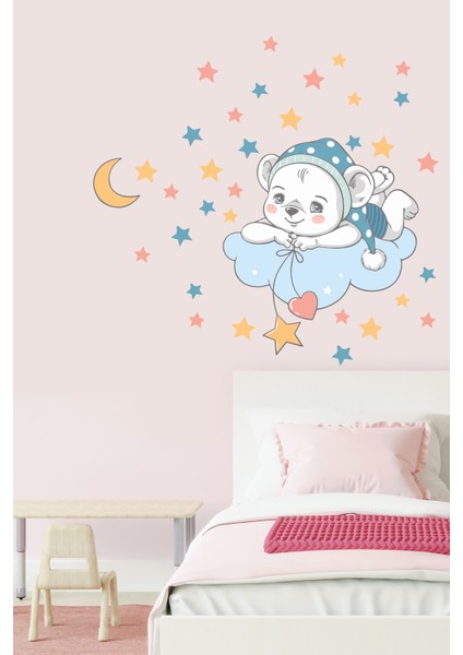 Bulutta Yatan Sevimli Ayıcık ve Yıldızlar Anaokulu Çocuk Odası Sticker Seti fiyatları