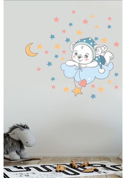 Bulutta Yatan Sevimli Ayıcık ve Yıldızlar Anaokulu Çocuk Odası Sticker Seti modelleri