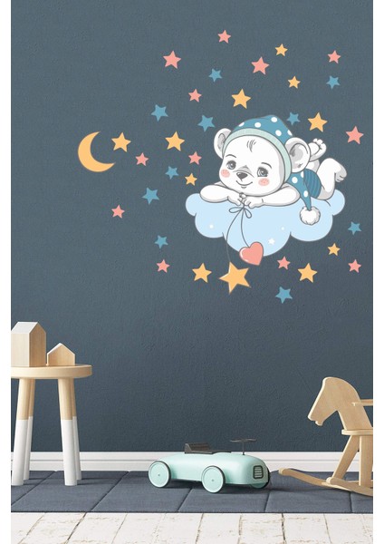 Bulutta Yatan Sevimli Ayıcık ve Yıldızlar Anaokulu Çocuk Odası Sticker Seti fırsatları