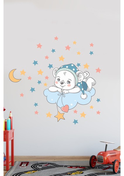 Bulutta Yatan Sevimli Ayıcık ve Yıldızlar Anaokulu Çocuk Odası Sticker Seti indirimleri