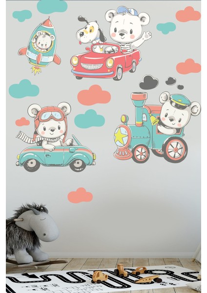 Sevimli Ayıcıklar ve Araçlar Okul ve Çocuk Odası Duvar Sticker Seti