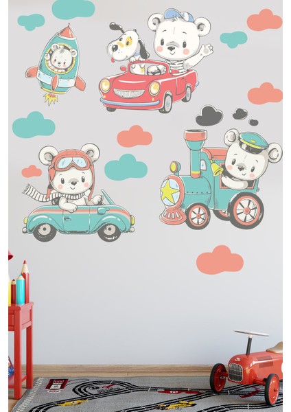 Sevimli Ayıcıklar ve Araçlar Okul ve Çocuk Odası Duvar Sticker Seti