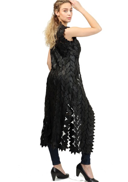 Hakiki Deri'den 130CM. Yaprak Desenli Kadın Yeleği