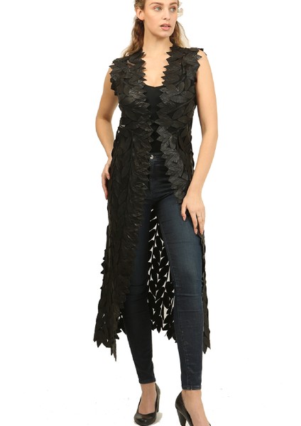 Hakiki Deri'den 130CM. Yaprak Desenli Kadın Yeleği