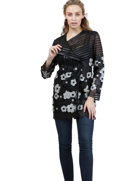 Hakiki Deri'den Papatya Desenli Kadın Uzun Ceketi fiyatları