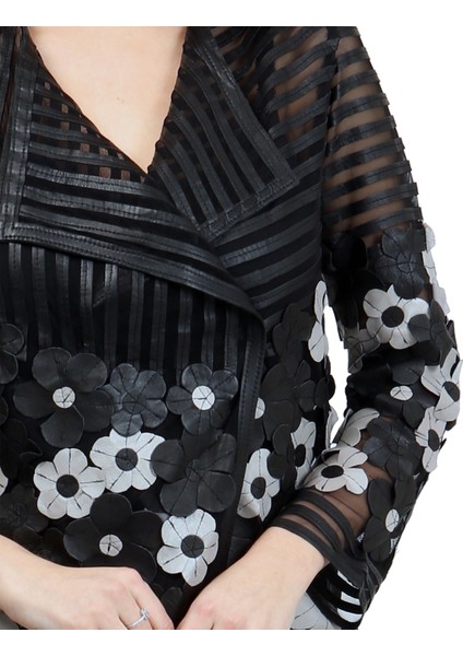 Hakiki Deri'den Papatya Desenli Kadın Uzun Ceketi modelleri