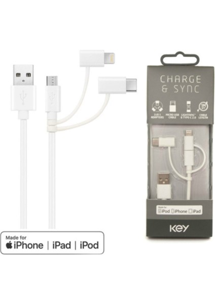 3in1 (Usb A - Type C - Micro USB - Lightning) 1 Metre Data Kablosu Beyaz