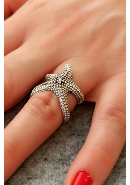 Antik Gümüş Kaplama Deniz Yıldızı Şekilli El Yapımı Ayarlanabilir Yüzük