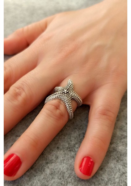 Antik Gümüş Kaplama Deniz Yıldızı Şekilli El Yapımı Ayarlanabilir Yüzük fiyatları