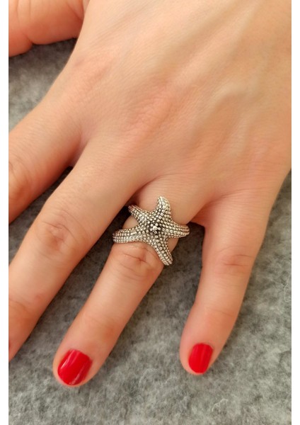 Antik Gümüş Kaplama Deniz Yıldızı Şekilli El Yapımı Ayarlanabilir Yüzük modelleri