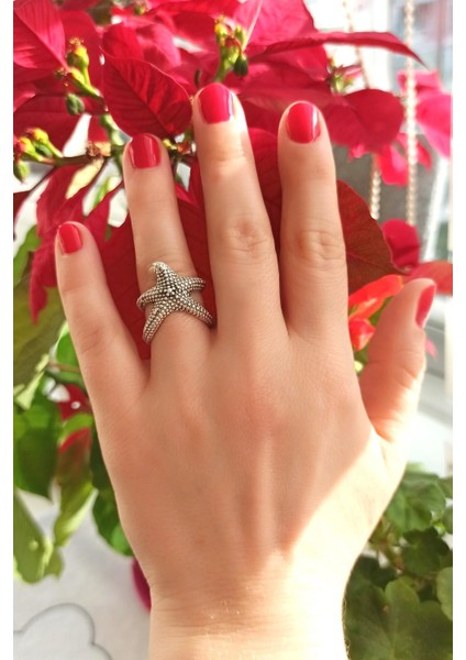 Antik Gümüş Kaplama Deniz Yıldızı Şekilli El Yapımı Ayarlanabilir Yüzük indirimleri