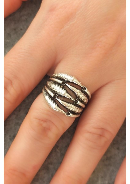 Antik Gümüş Kaplama 5 Tırnaklı Pençe Şekilli El Yapımı Ayarlanabilir Yüzük