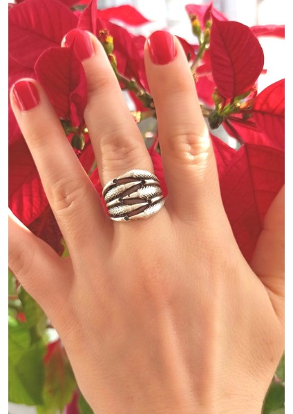 Antik Gümüş Kaplama 5 Tırnaklı Pençe Şekilli El Yapımı Ayarlanabilir Yüzük modelleri