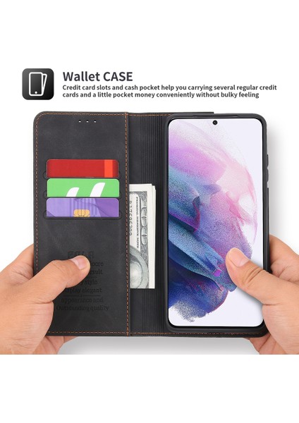 Samsung Galaxy S21 Plus 5G İçin Retro Deri Manyetik ShockProof Tpu Flip Standlı Kılıf (Yurt Dışından)