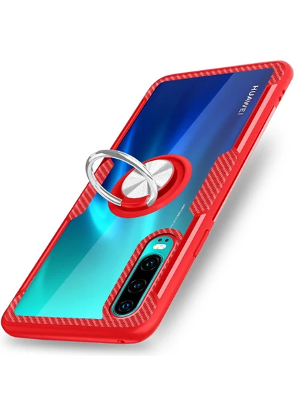 Huawei P30 İçin İnce Karbonfiber Bumper Şeffaf Halkalı Standlı Kılıf (Yurt Dışından)