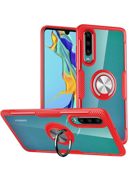 Huawei P30 İçin İnce Karbonfiber Bumper Şeffaf Halkalı Standlı Kılıf (Yurt Dışından)