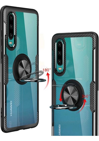 Huawei P30 İçin İnce Karbonfiber Bumper Şeffaf Halkalı Standlı Kılıf (Yurt Dışından)