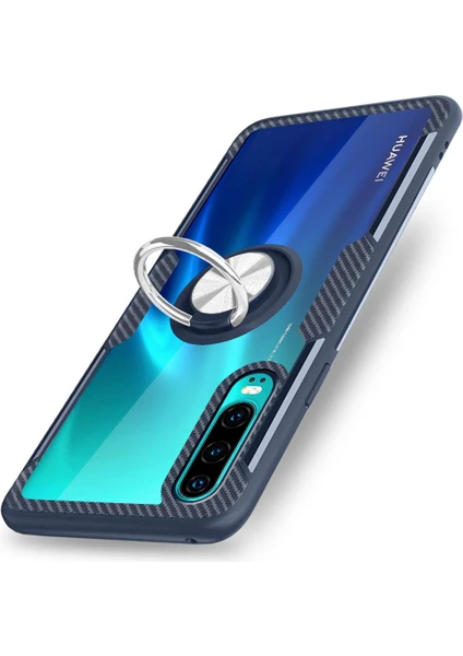 Huawei P30 İçin İnce Karbonfiber Bumper Şeffaf Halkalı Standlı Kılıf (Yurt Dışından)