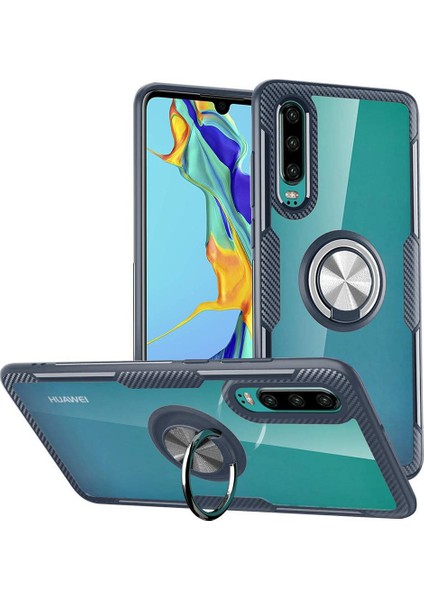 Huawei P30 İçin İnce Karbonfiber Bumper Şeffaf Halkalı Standlı Kılıf (Yurt Dışından)