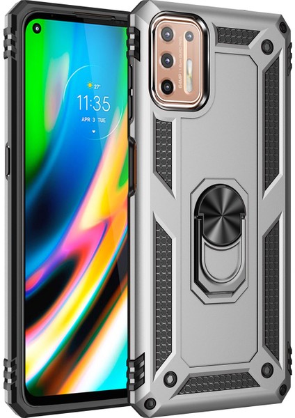 Motorola Moto G9 Plus İçin Çift Katmanlı Halkalı Standlı Kılıf (Yurt Dışından)