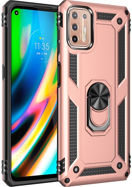Motorola Moto G9 Plus İçin Çift Katmanlı Halkalı Standlı Kılıf (Yurt Dışından)