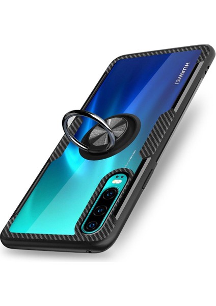 Huawei P30 İçin İnce Karbonfiber Bumper Şeffaf Halkalı Standlı Kılıf (Yurt Dışından)