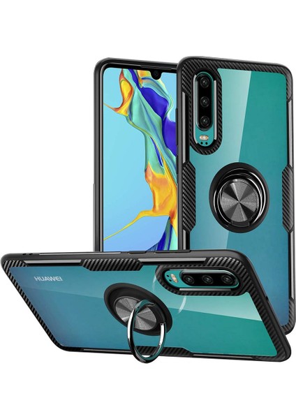 Huawei P30 İçin İnce Karbonfiber Bumper Şeffaf Halkalı Standlı Kılıf (Yurt Dışından)